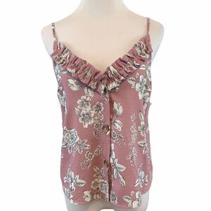 Boho mauve floral ruffle button down tank S
